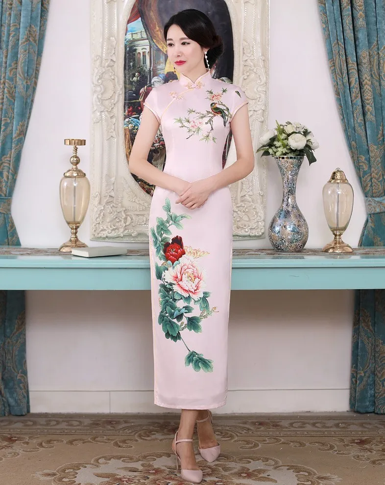 Шэн Коко Восточный халат Chinois Qipao платья для женщин сливы филиал шаблон печати Cheongsam Элегантные Длинные атласное платье плюс размеры