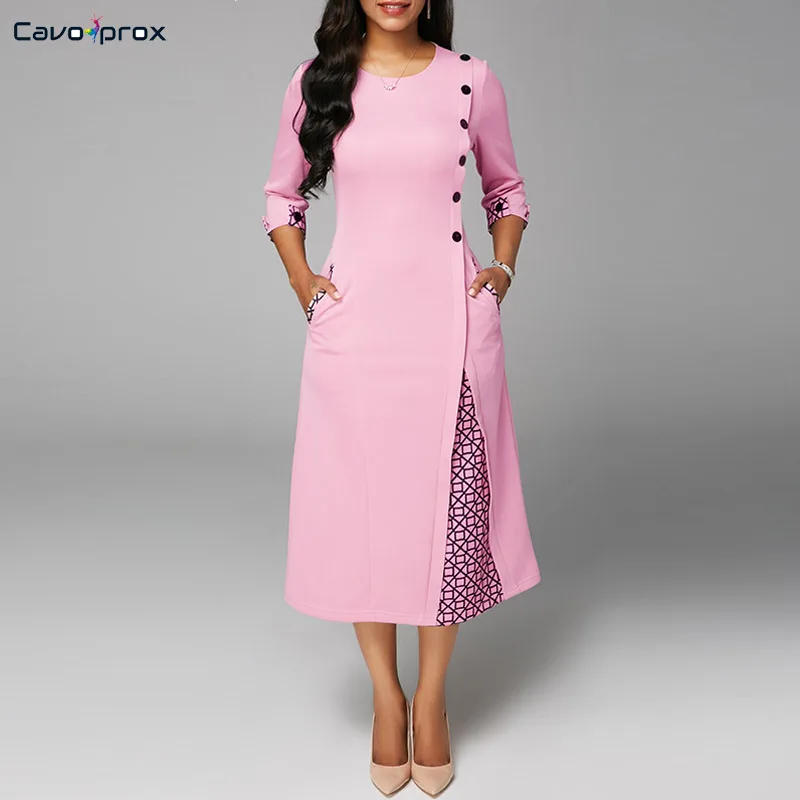 

Women Plus Size Round Neck Printed Three Quarter Sleeve Dress Button Design Splicing Elegant Mid-Calf A-Line Club Party Dress