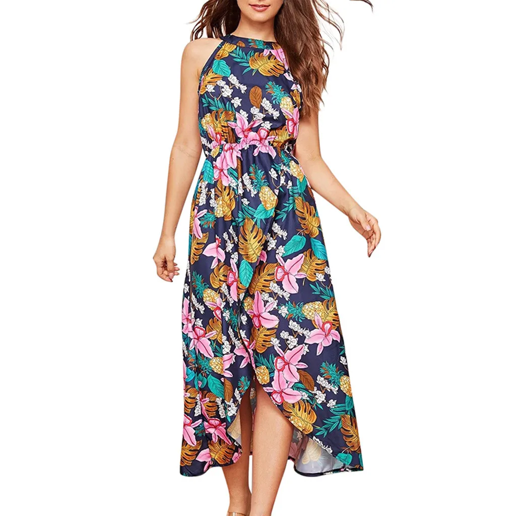 

JAYCOSIN 2019 New Summer Dress Women Fashion Loose Sleeveless Neck less Tank Printed Bowl long Dresses vestidos robe femme 9709
