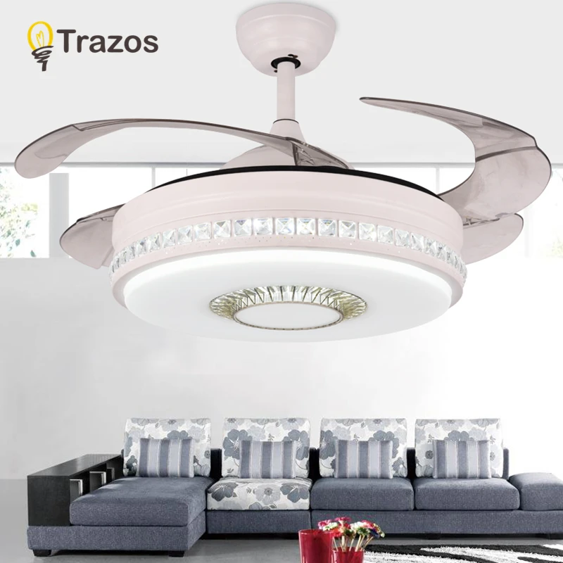 

TRAZOS 42 Inch Modern LED Crystal Ceiling Light Fan Living Room Bedroom Invisible Ceiling Fans With Lights Remote Control 220v