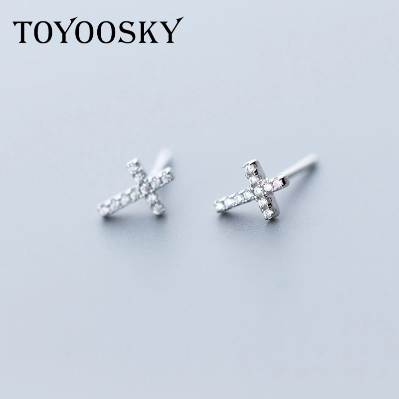 TOYOOSKY 925 Sterling Silver Earrings for Women Simple Crystal Cross Earrings Mini Geometric Ear Studs Jewelry Brincos