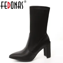 FEDONAS Autumn Women’s Genuine Leather Satin Suede Mid-calf High-Heeled Boots Shoes Woman Sexy Pointed Toe Stretch Sock Boots