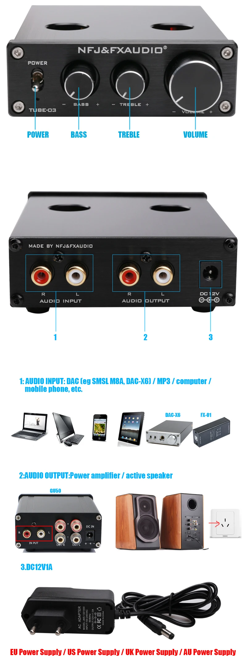 FX-AUDIO TUBE-03 MINI Bile 6K4/6J1 реамп ламповый усилитель буфера аудио предусилитель ВЧ регулировка басов предусилители DC12V