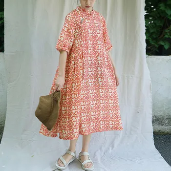 

SCUWLINEN 2020 Women Summer Dress Vintage Print Half-sleeve Contrast Color Plate Buttons Ramie Dress Retro Long Robe L18135