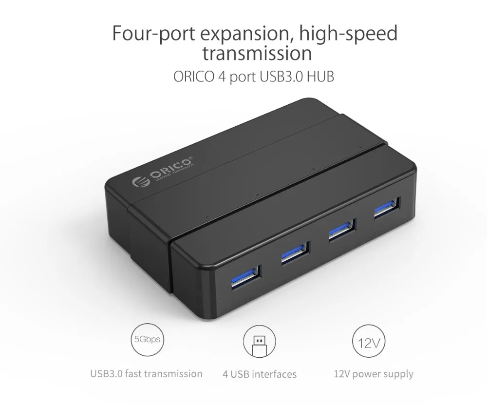 ORICO 4 порта USB 3,0 концентратор 5 Гбит/с супер скорость портативный USB разветвитель с 12 В адаптер питания для ноутбуков Аксессуары для настольных компьютеров