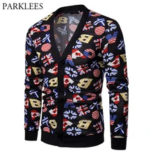 Повседневный Кардиган с надписью «флаг с надписью», мужской свитер, повседневный облегающий черный вязаный свитер с v-образным вырезом, уродливый принт США и ЕС, Pull Homme Hiver