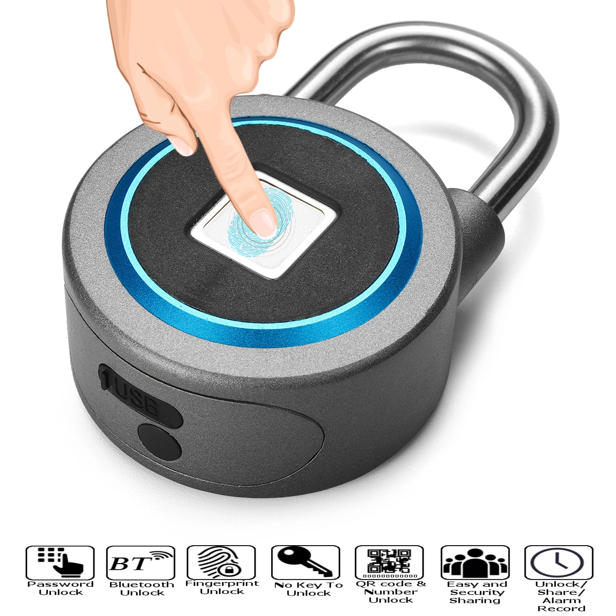 

Fingerprint Recognition bluetooth Lock APP Control Security Anti Theft Padlock 15 Groups Fingerprints for IOS/Android Waterproof