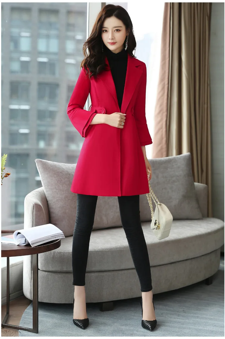 Весенне-осенний тонкий приталенный Тренч женский модный элегантный 3/4 рукав трапециевидный Тренч женское длинное пальто цвета хаки синий красный