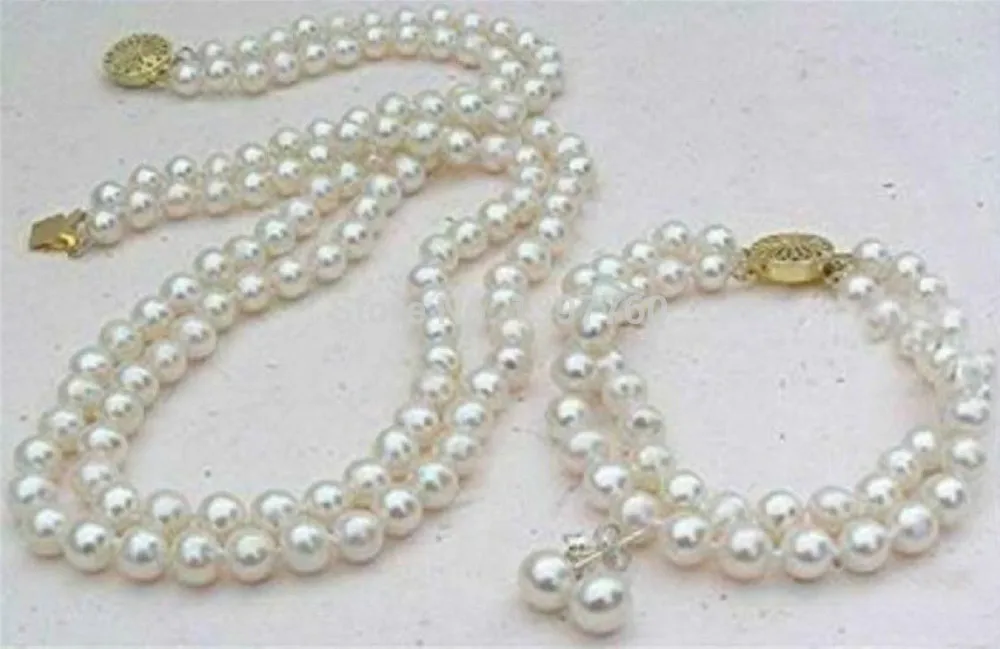 

Miss charm Jew.44 Perfect set of double strand 9-10mm Akoya white pearl necklace bracelet earring (A0423)