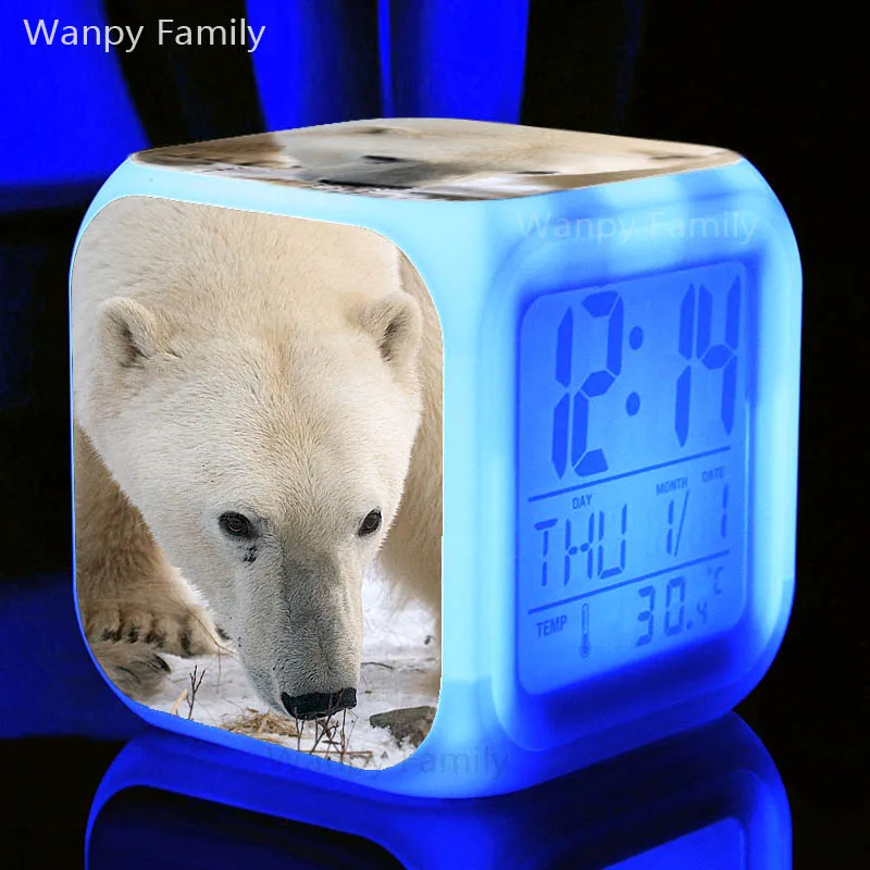 Полярный медведь, цифровой будильник для детей, подарки на день рождения, многофункциональный светящийся светодиодный Будильник, меняющий цвет - Цвет: Светло-серый