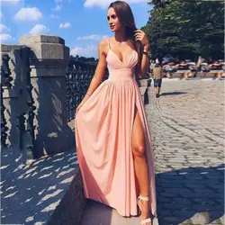 Пикантные с v-образным вырезом Розовый Длинные свадебные платья 2018 Простые складки сбоку разделение женское платье для выпускного vestido de