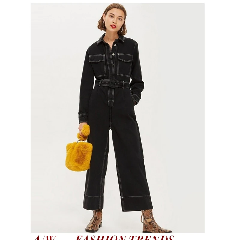 

Simple European And American Handsome Locomotive Wind Pressure Line Open Line Tooling Wind Loose Wide Leg Fashion Jumpsuit
