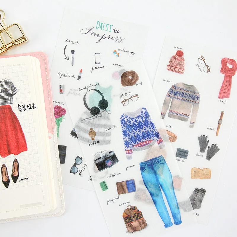 

6 Sheet Fashion Clothes Outfit Hat Scarf Shoes Makeup Stuff Stationery Sticker DIY Scrapbooking Label Papelaria School Supplies