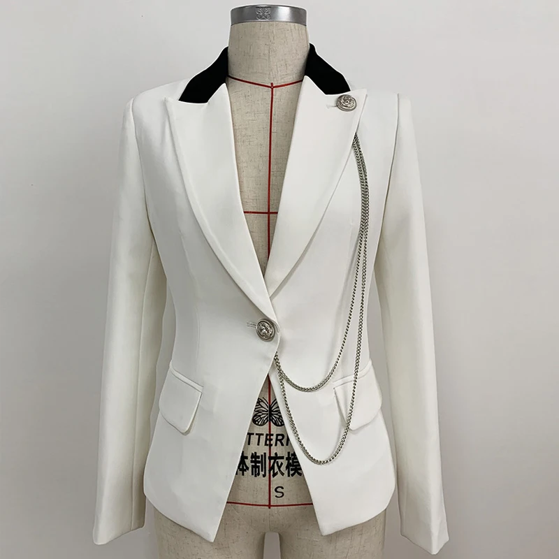 High Quality Women's Pant Suit Single Button Chain White Blazer Jacket & Pants 2 Piece Set Women Long Sleeve Office Ladies Suits