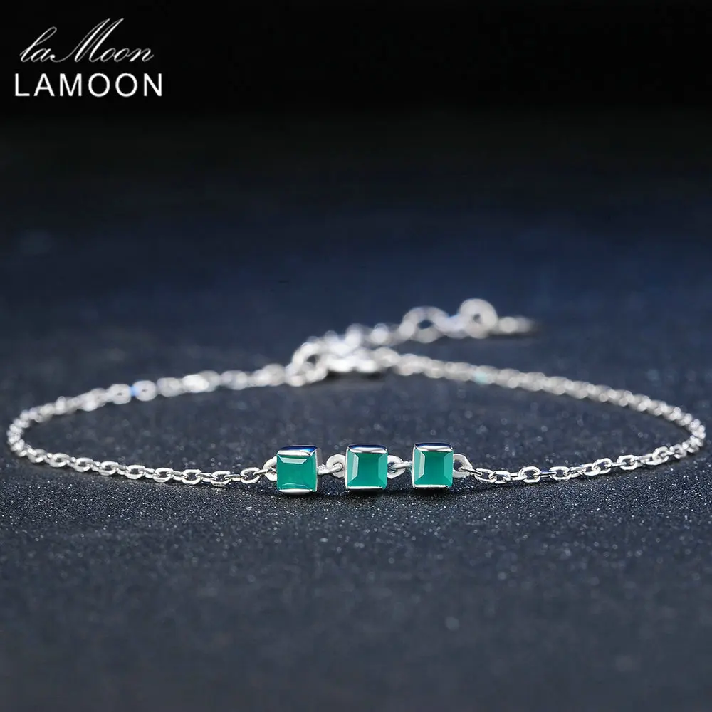 Lamoon 2mm 100% Natural Square Green Chalcedony 925 Sterling Silver Bracelet Chain Charm Jewelry S925 LMHI017