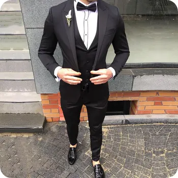 

2019 Custom Made Groom Tuxedos Black Groomsmen Peaked Lapel Casual Groom Best Man Suit Wedding/Men Suits Bridegroom 3 Pieces