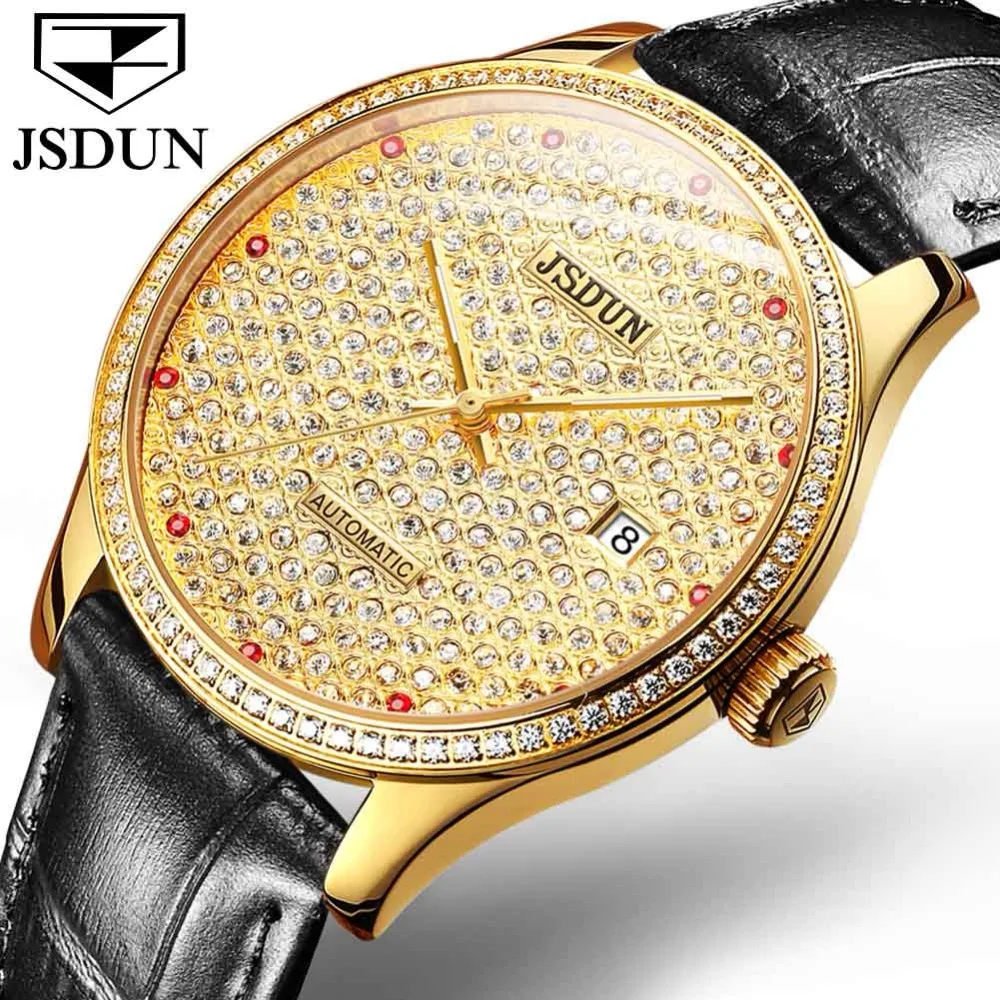 

JSDUN Full Diamond Dial Design Silver Steel Calendar Display Men Sport Automatic Mechanical Wrist Watch Top Brand Luxury Clock