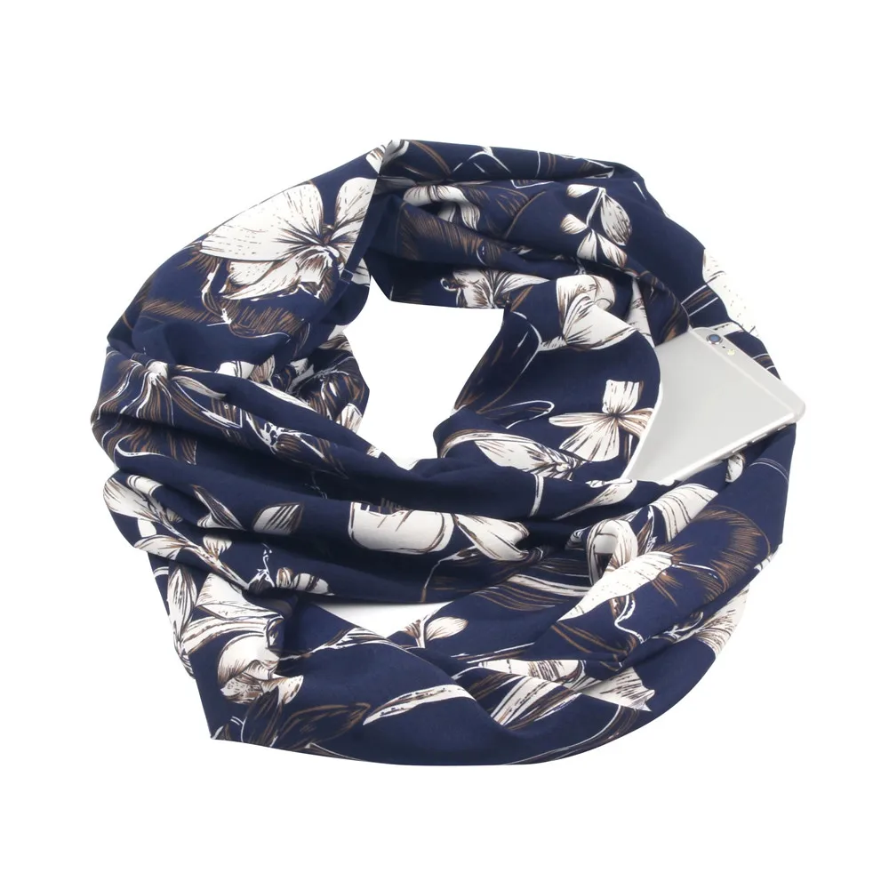 Women Print Winter Convertible Infinity Scarf Pocket Loop Zipper Pocket