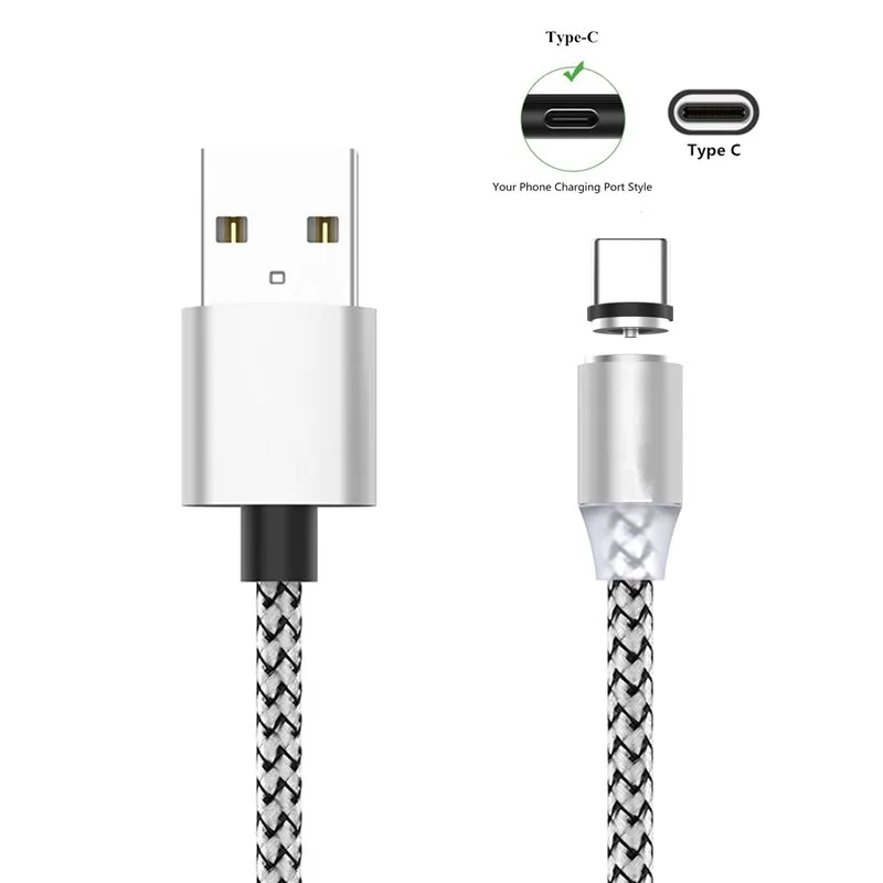 Зарядное устройство, магнитный светодиодный провод, шнур для iPhone, Micro usb type C, для samsung Galaxy A30, A50, A70, huawei, Android, 3 в 1, быстрая зарядка - Цвет: Silver with Type C