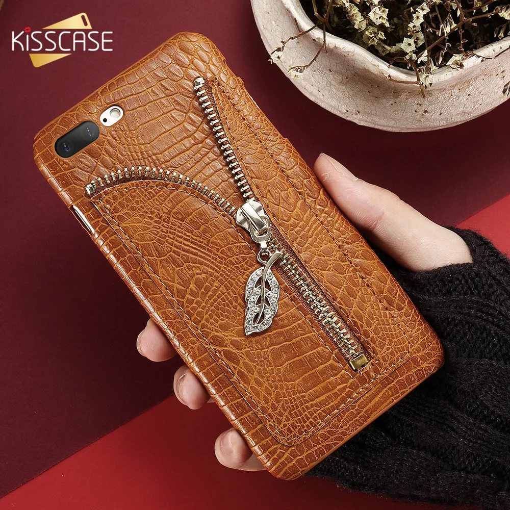 Kisscase кожаный чехол для iPhone 6 S 7 Plus 5 5S SE горный хрусталь листьев крокодил узор слот