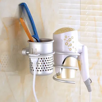 

New Wall Mounted Hair Dryer Drier Comb Aluminum Holder Rack Useful Stand Set