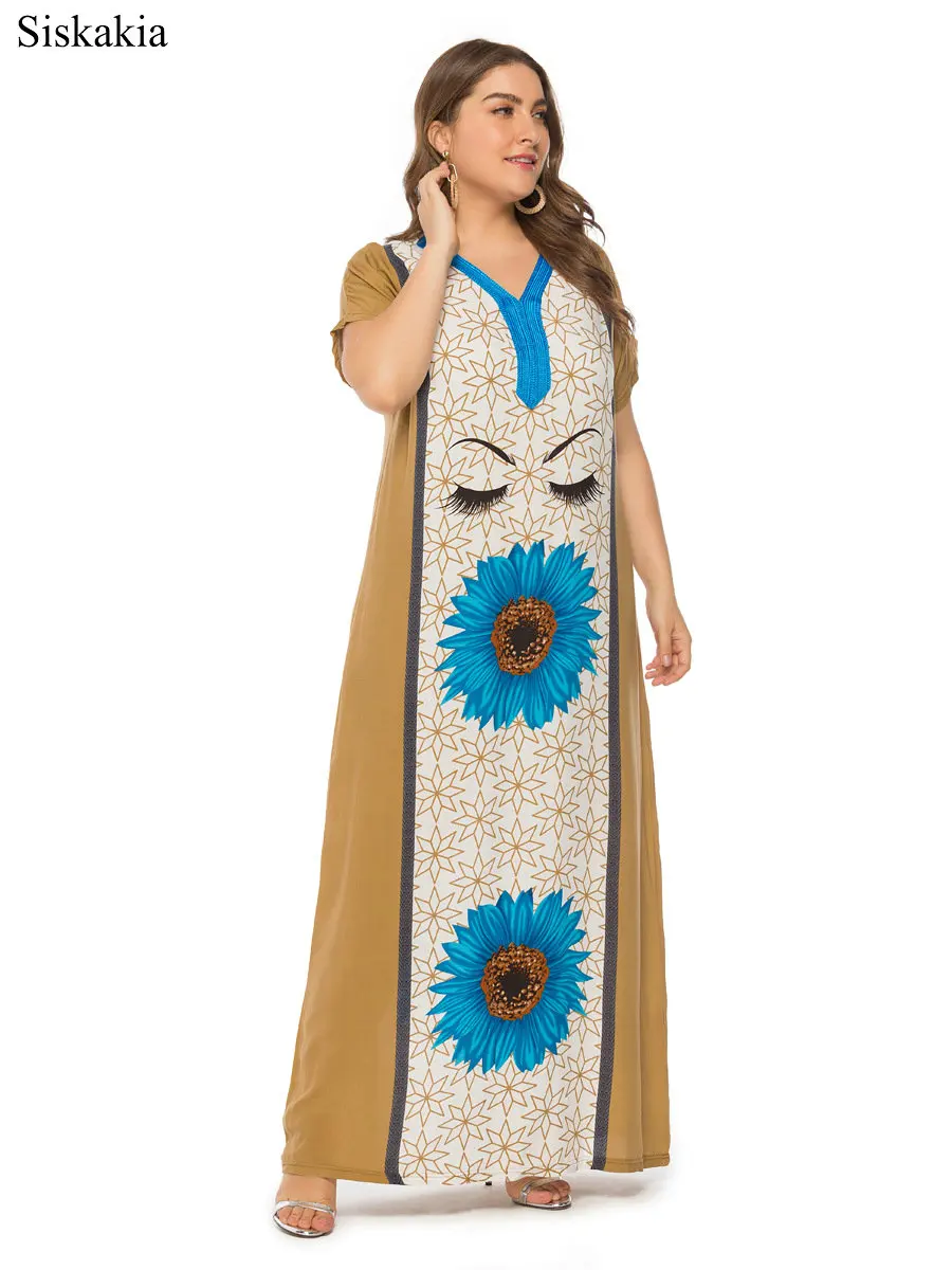 Siskakia Retro Maxi Long Dress Women Flower Print Big Size Viscose Fabric Summer Dresses V neck Short Sleeve Size XXL XXXL 2019 (6)