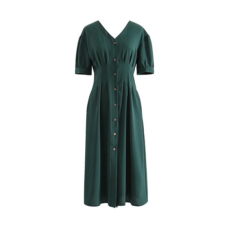 

PERHAPS U green v neck button short sleeve pleat midi dress pocket empire summer elegant D0490
