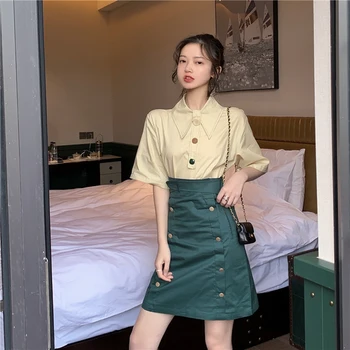

Japanese Preppy Style Two Piece Set Double Breasted Dark Green High Waist Women Clothes Blouse And Skirt Woman Conjunto Feminino