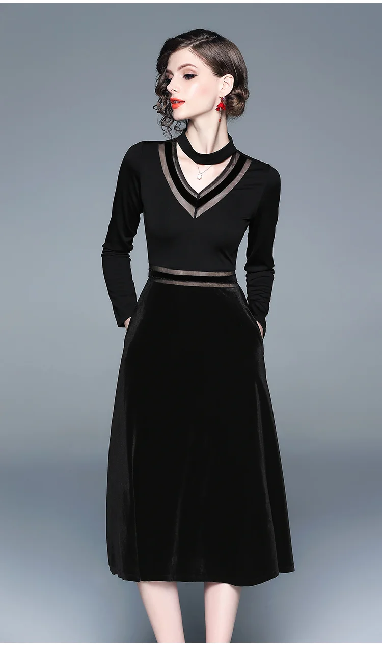 Tang 2019 New Autumn Winter Dress Women Plus Size Velvet mesh Stitching Long Vintage Elegant Robe Elbise Office Casual Dress vestidos (10)