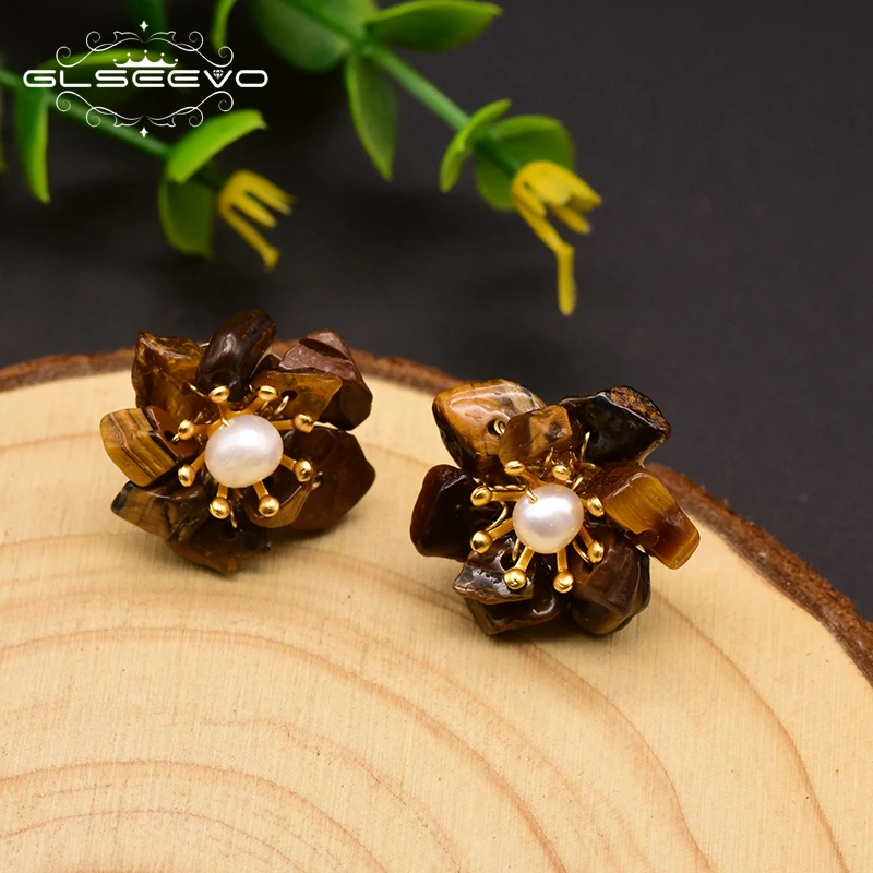 

XlentAg Natural Tiger Eye Stone Pearl Stud Earrings For Women Gift 925 Sterling Silver Flower Earrings Fine Jewelry GE0780J
