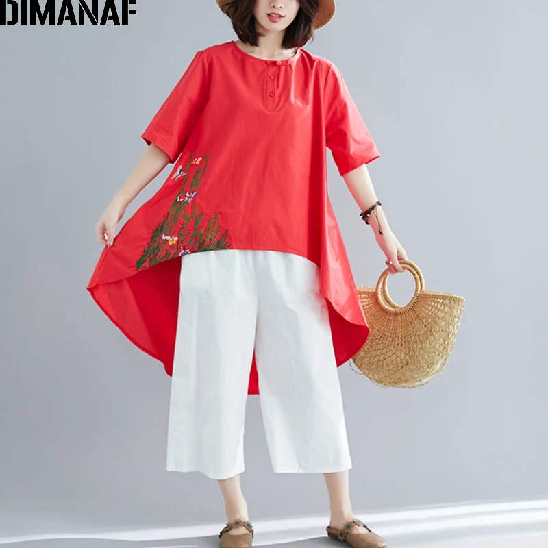 

DIMANAF Plus Size Women Blouse Shirts Summer Big Size Lady Tops Tunic Cotton Loose Casual Female Clothes Vintage Embroidery 2019