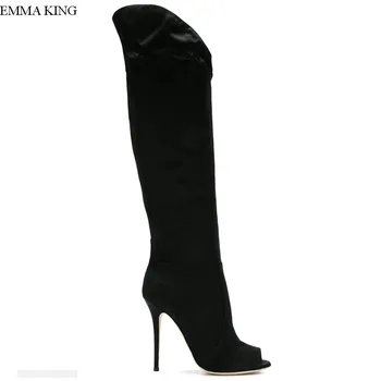 

Rushed Arrival Fashion Women Open Toe Stretch Over the Knee Boots Spring Autumn Zipper High Heels Black Shoes Woman Botas Mujer
