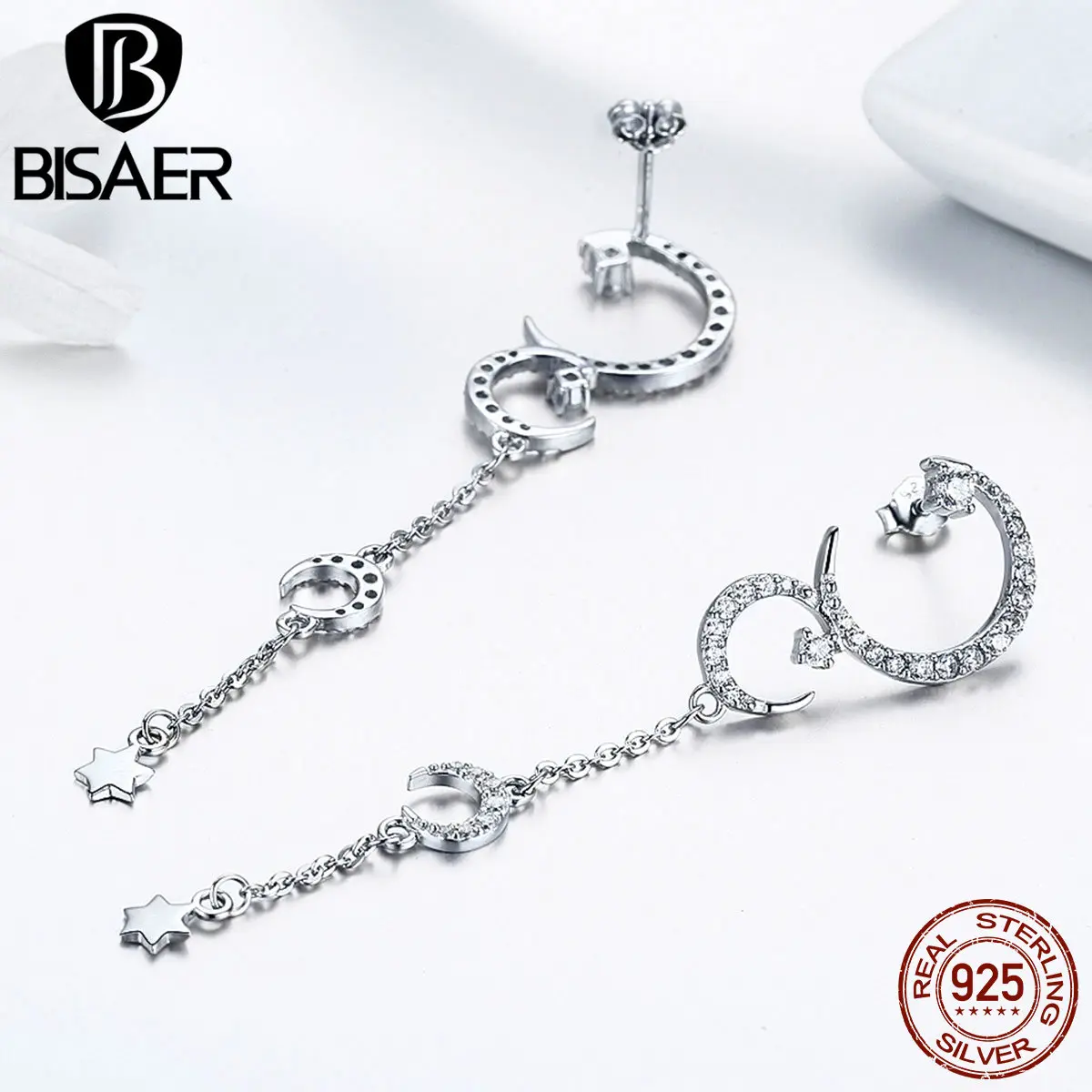 BISAER 925 пробы серебро луна и звезды длинные висячие серьги фианит модные украшения Bijoux Свадебные GAE061
