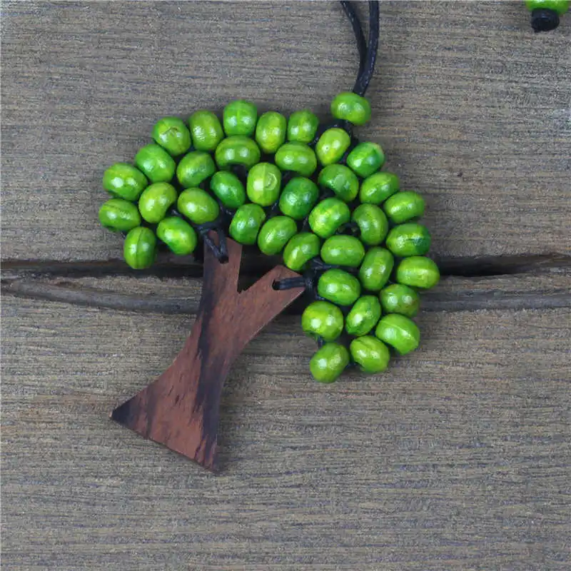 

Handmade Tree Of Life Rainbow Wooden Beads Pendant Necklace Creative Design Long Leather Chain Necklace For Woman