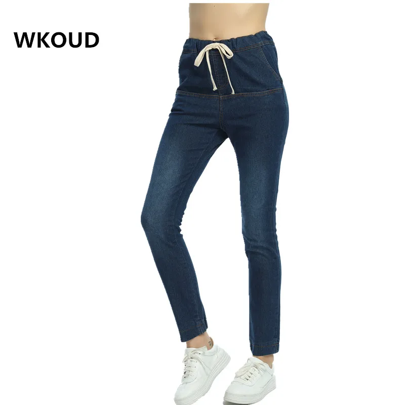 WKOUD Fall Winter Jeans For Women Elastic Waist Drawstring Soft Denim Pants Fleeces Thick Thin Harem