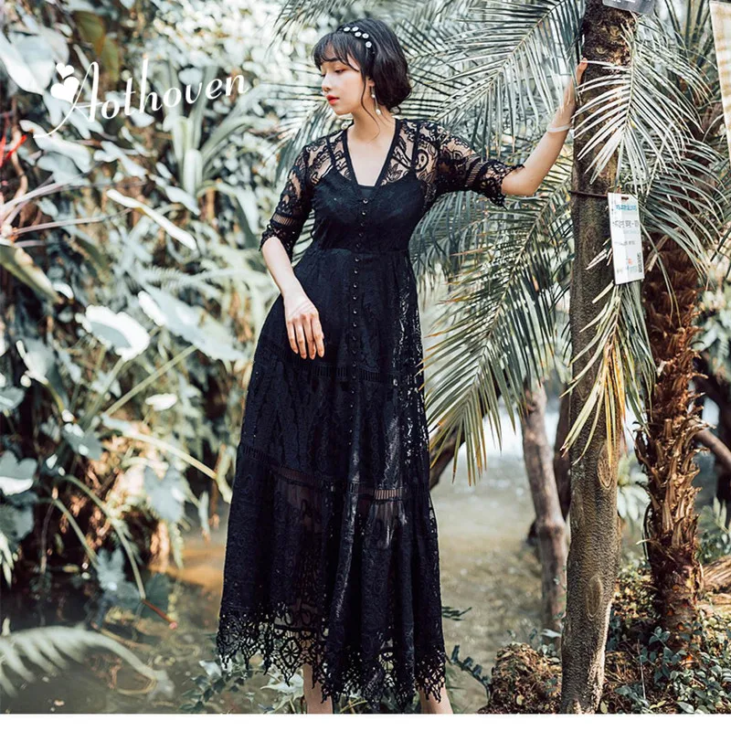 

Summer Holiday Lace Maxi Dress Women Black White V Neck Half Sleeve 2 Piece Dress Vintage Sexy Party Office Lady Dresses Vestido