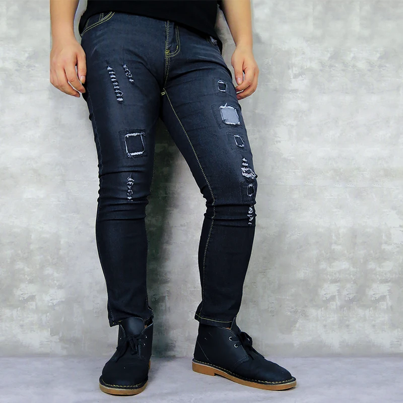 2019 Men Stylish Ripped Jeans Pants Biker Skinny Slim Straight Frayed Denim Trousers New Fashion skinny 4