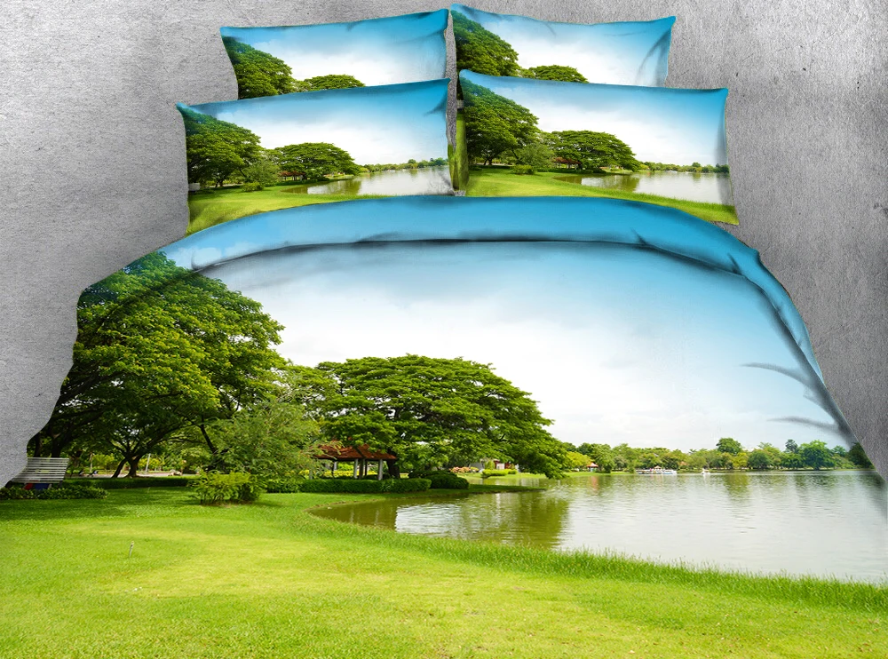 

Green lawn and big tree by the lake 3d effect photo bed linen can be customized photo pattern