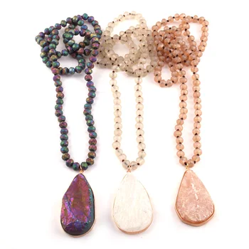 

Free Shipping Fashion Matt Crystal Glass Beads Knotted Natural Stone Pendant Necklaces For Women Ethnic Necklace