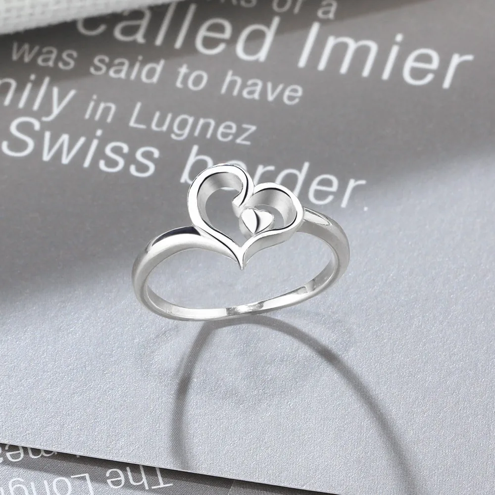 Fashion Heart & Heart Hollow Love Rings 925 Sterling Silver Female Ring For Women Party Jewelry Gift For Her (JewelOra RI102895)
