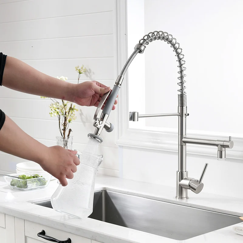 Fapully Spring Style Kitchen Faucet With LED Brushed Nickel Faucet Pull Out 360 Rotate Swivel 2-Function Water Outlet Mixer 512