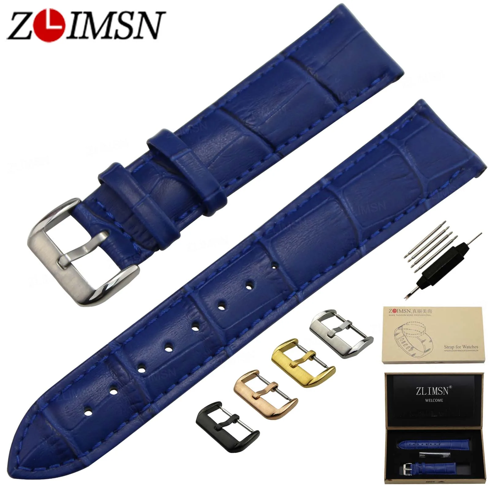 

ZLIMSN Genuine Leather Watch Band Stainless Steel Pin Buckle Blue Crocodile Grain Strap 12 14 16 18 20mm Relogio Masculino 2018