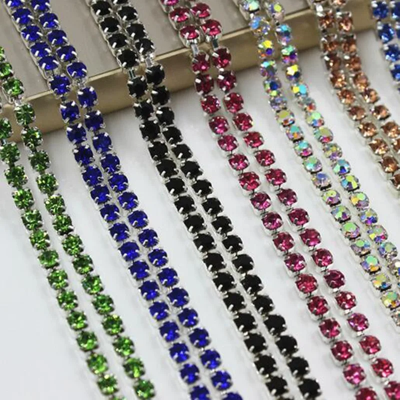 

Rhinestones Dense Chain More Colors 10Meters/lot SS6(1.9-2.0MM),SS8(2.4-2.5MM),SS10 2.7-2.8MM,3.0-3.2MM Silver claw for Garment