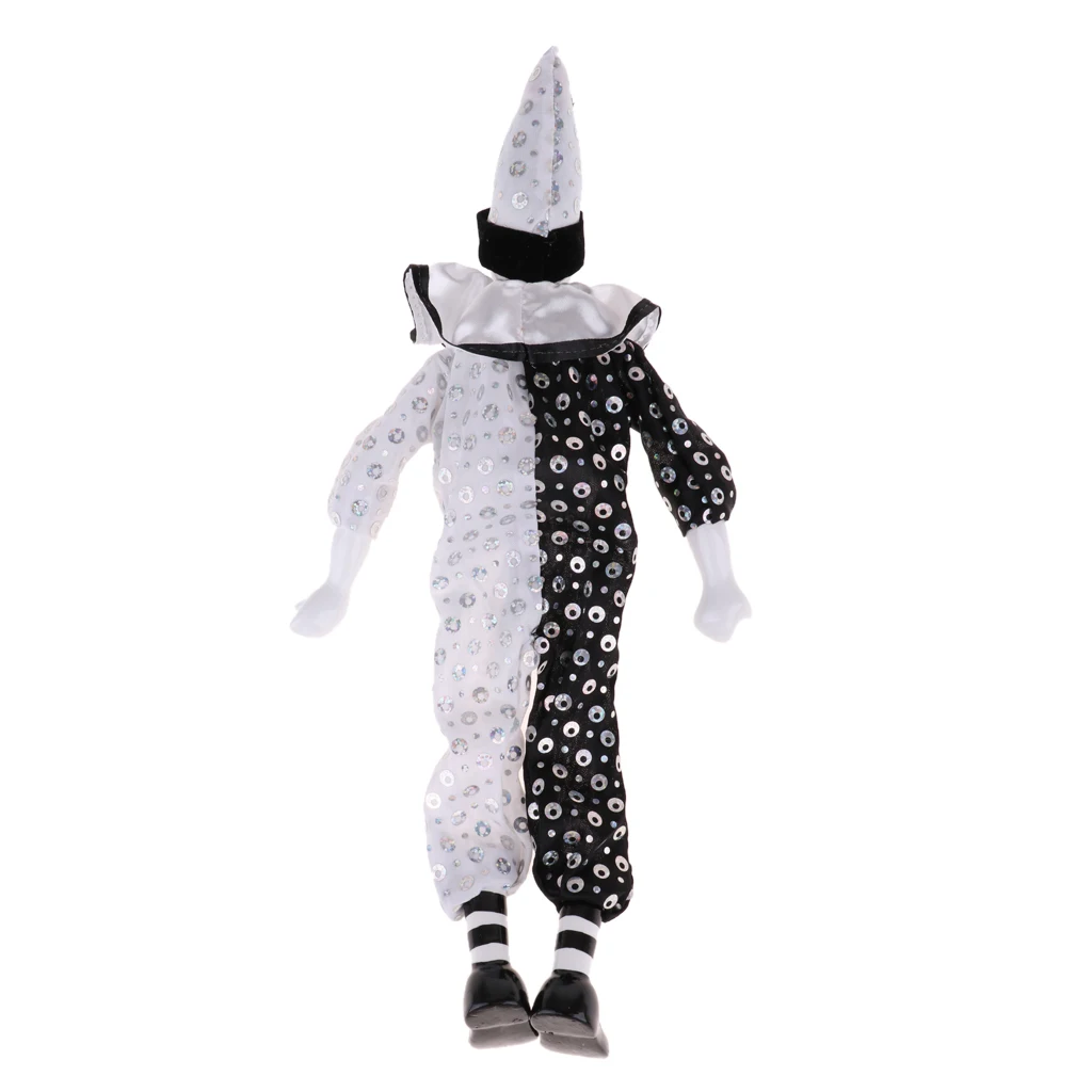 38cm Porcelain Hanging Foot Clown Doll Harlequin Doll Home Office Desk Shelf Display Ornaments Black & White