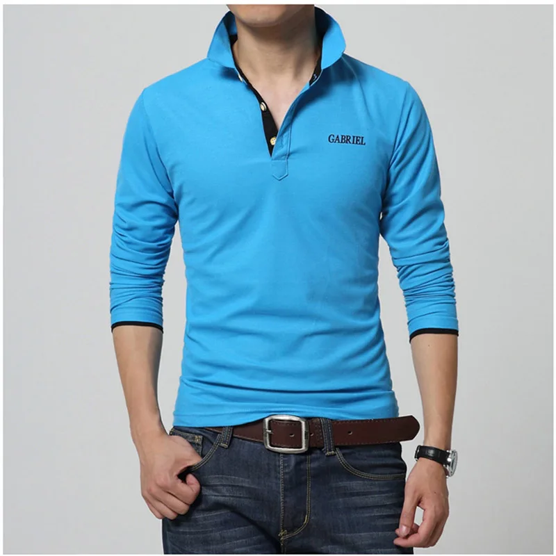 Высококачественные мужские рубашки поло, новинка, осенние мужские однотонные рубашки поло, Модная хлопковая мужская одежда с длинным рукавом, рубашки поло 6464 - Цвет: Sky Blue