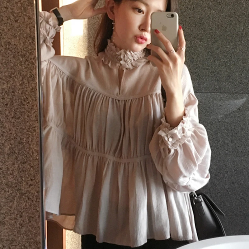 Manche Solide Couleur À Stand Femme Longue Blouses Bouffantes 5j34ARLq