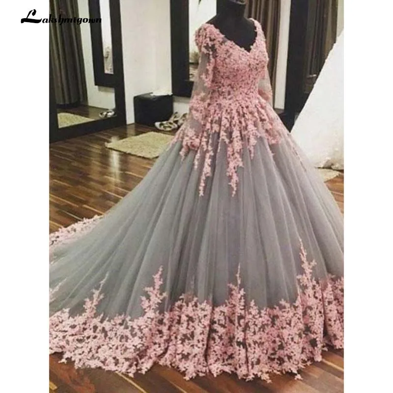

Ball Gown Grey tulle with Pink Lace Appliqued Long Sleeves Quinceanera Dresses Sweet 16 Dresses Cheap Quinceanera Gowns