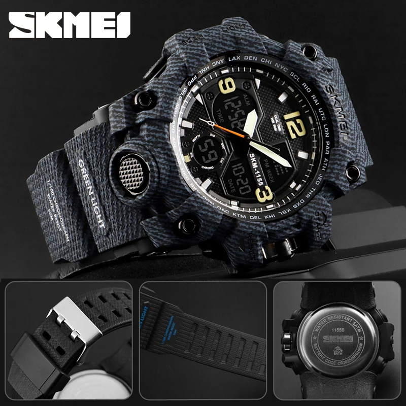 SKMEI Denim Dual Display Digital Watches Men Waterproof Outdoor Sports Watch Multi-function Military Wristwatches Relogios 1155B