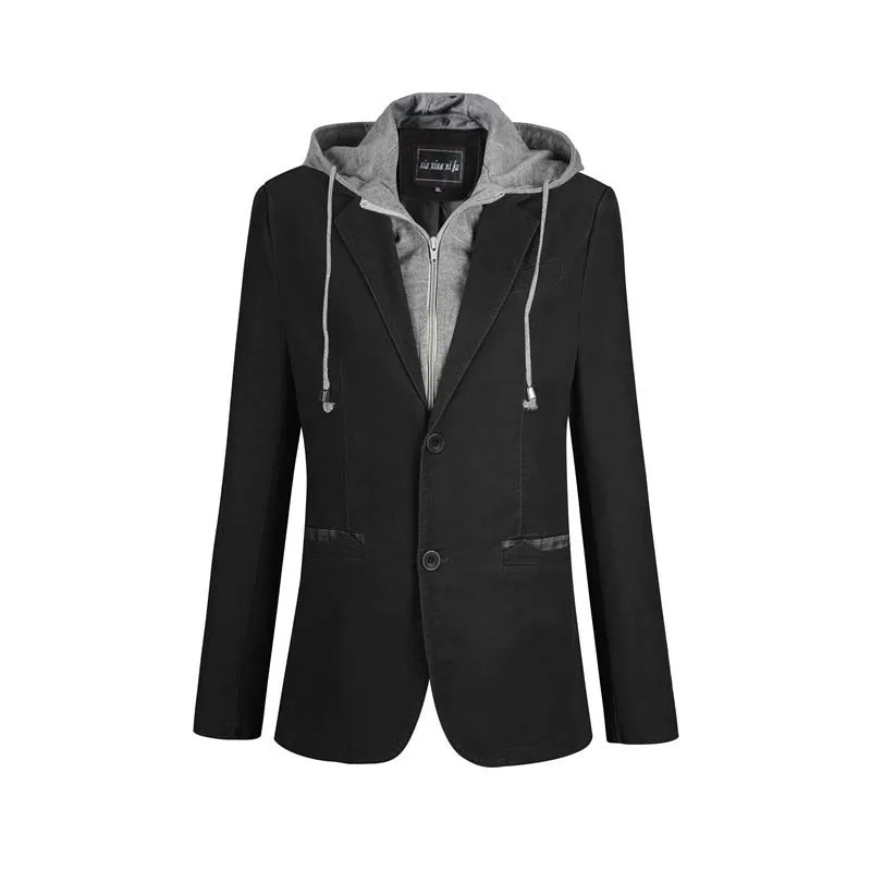 Новая мода осень зима костюм Блейзер мужской повседневный дизайн костюм куртка с капюшоном Съемный Поддельные 2 шт. блейзер мужская одежда