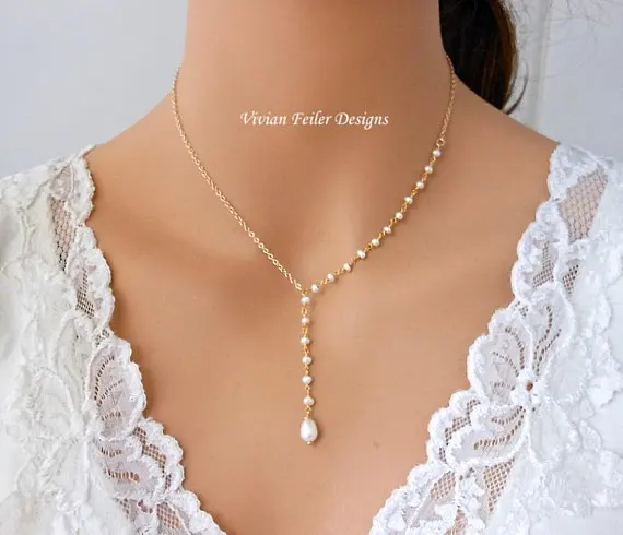 

Pearl Necklace Y Asymmetric Minimalist Layered Pendant Necklace Gold 925 Sterling Silver, Christmas Gifts